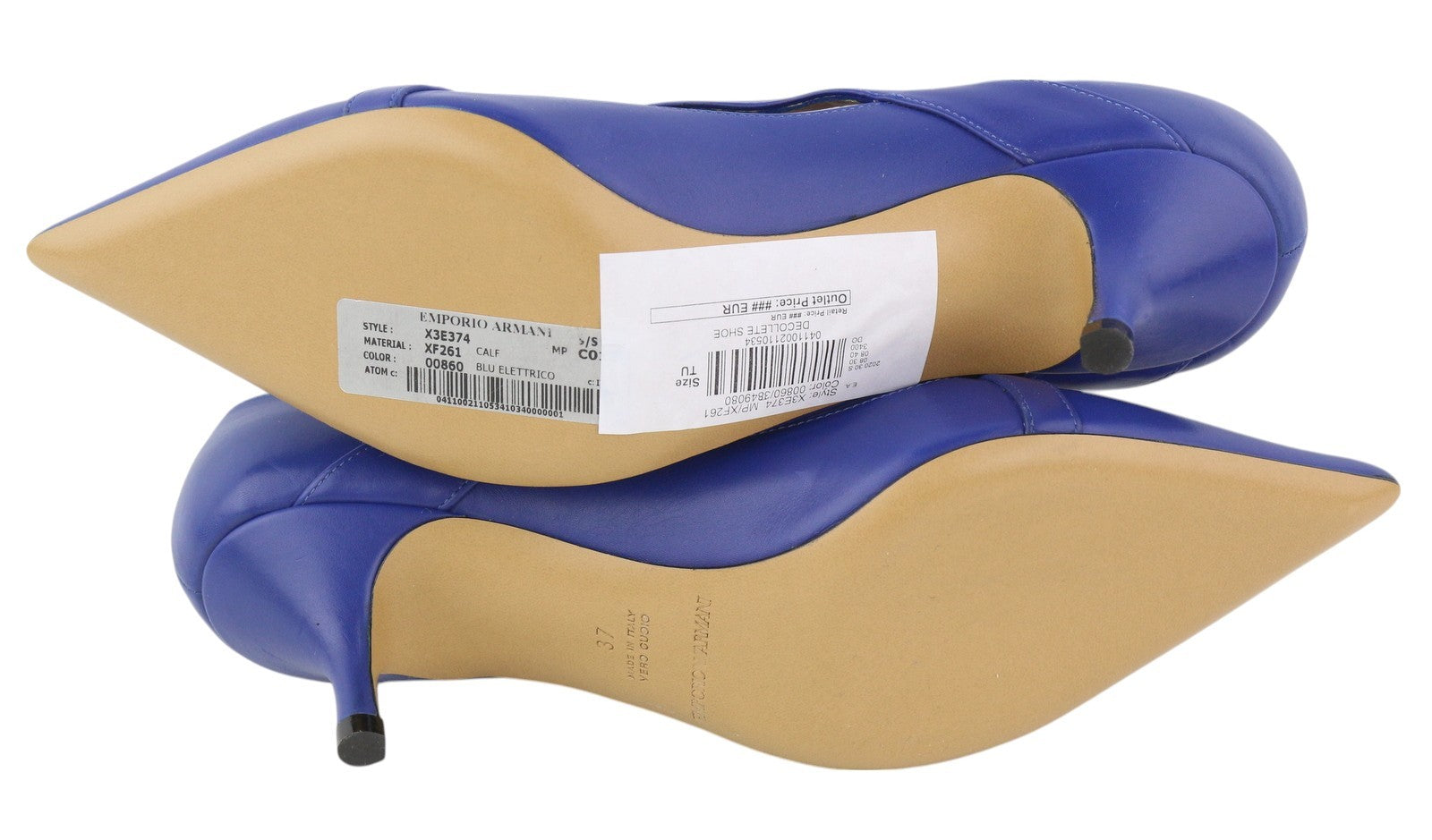 EMPORIO ARMANI X3E374 Women Heels EU37 Blue Leather Pointed Toe Strappy Casual