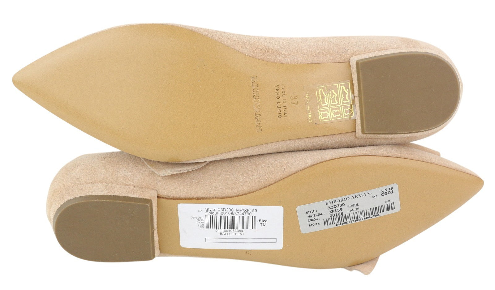 EMPORIO ARMANI X3D230 Women Flats EU37 Beige Suede Leather Pointed Toe Patch Bow