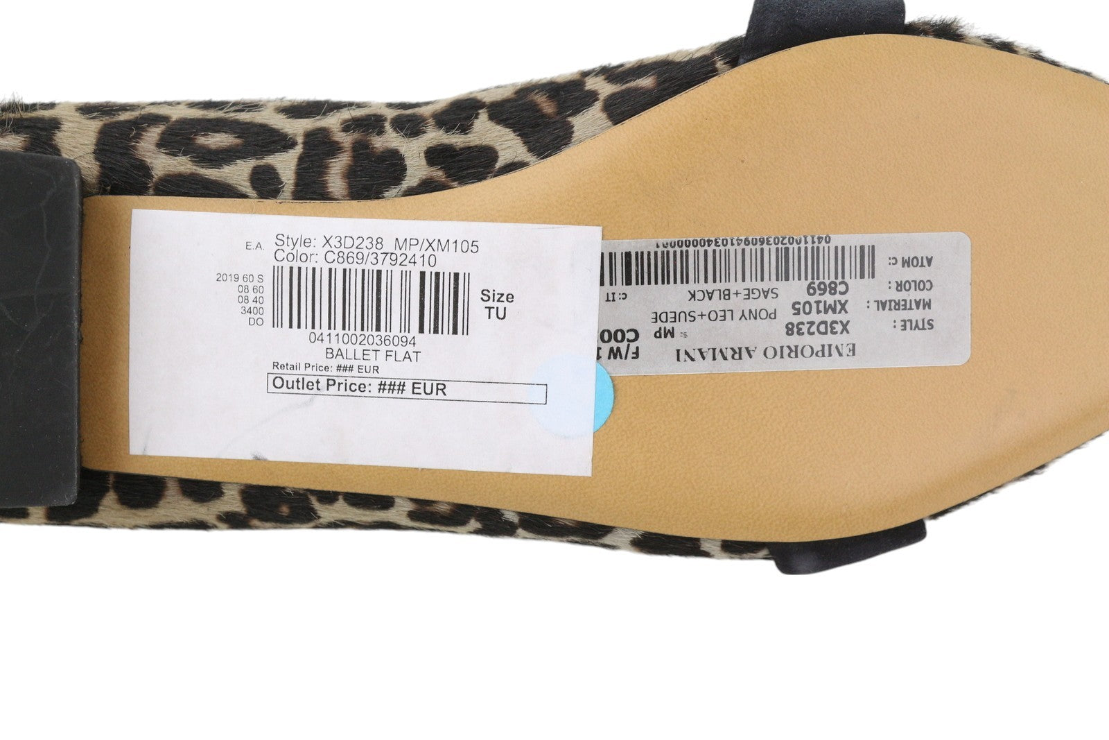 EMPORIO ARMANI X3D238 Women Flats EU37 Animal Suede Trim Pointed Toe RRP$299