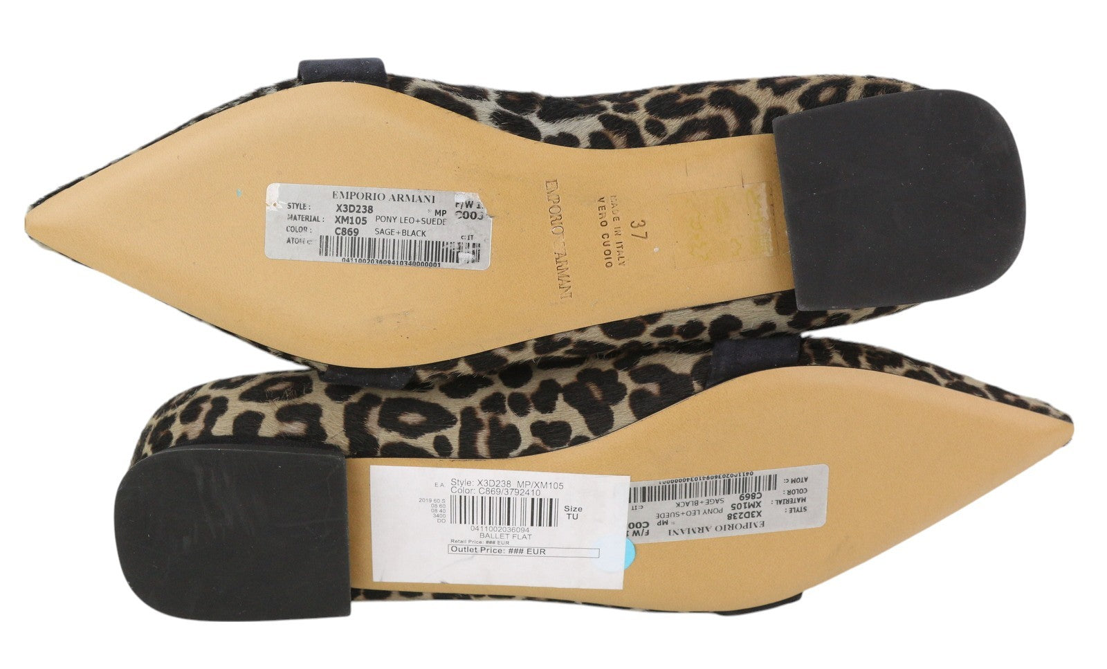 EMPORIO ARMANI X3D238 Women Flats EU37 Animal Suede Trim Pointed Toe RRP$299