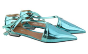 EMPORIO ARMANI Women Flats EU37 Blue Shiny Leather Pointed Toe Strappy Sandals