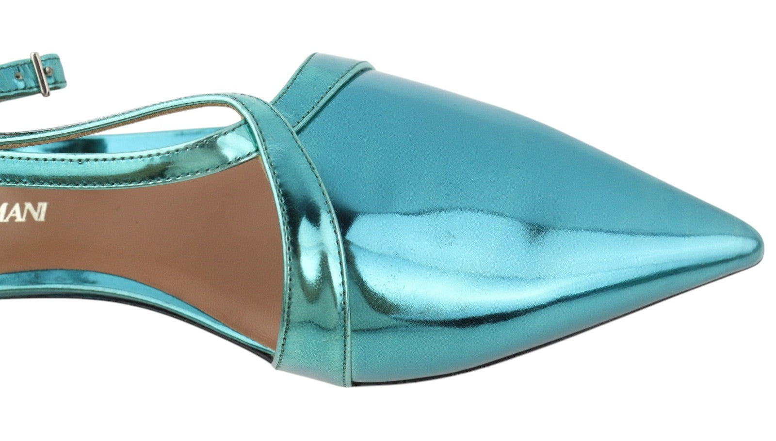 EMPORIO ARMANI Women Flats EU37 Blue Shiny Leather Pointed Toe Strappy Sandals