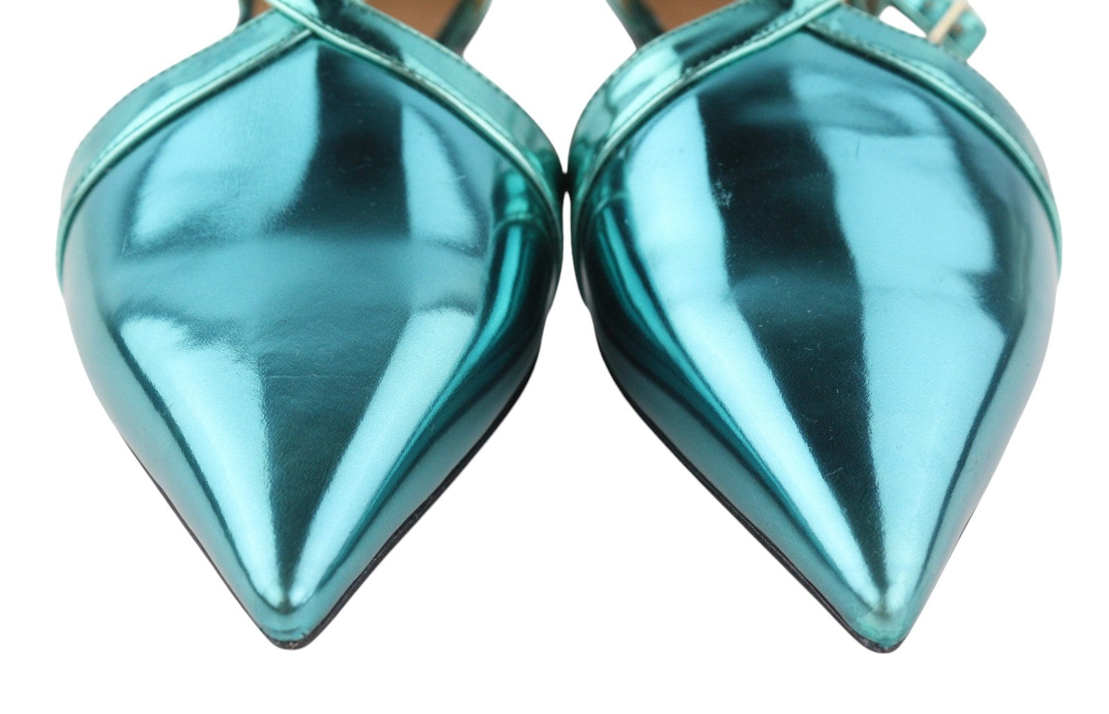 EMPORIO ARMANI Women Flats EU37 Blue Shiny Leather Pointed Toe Strappy Sandals