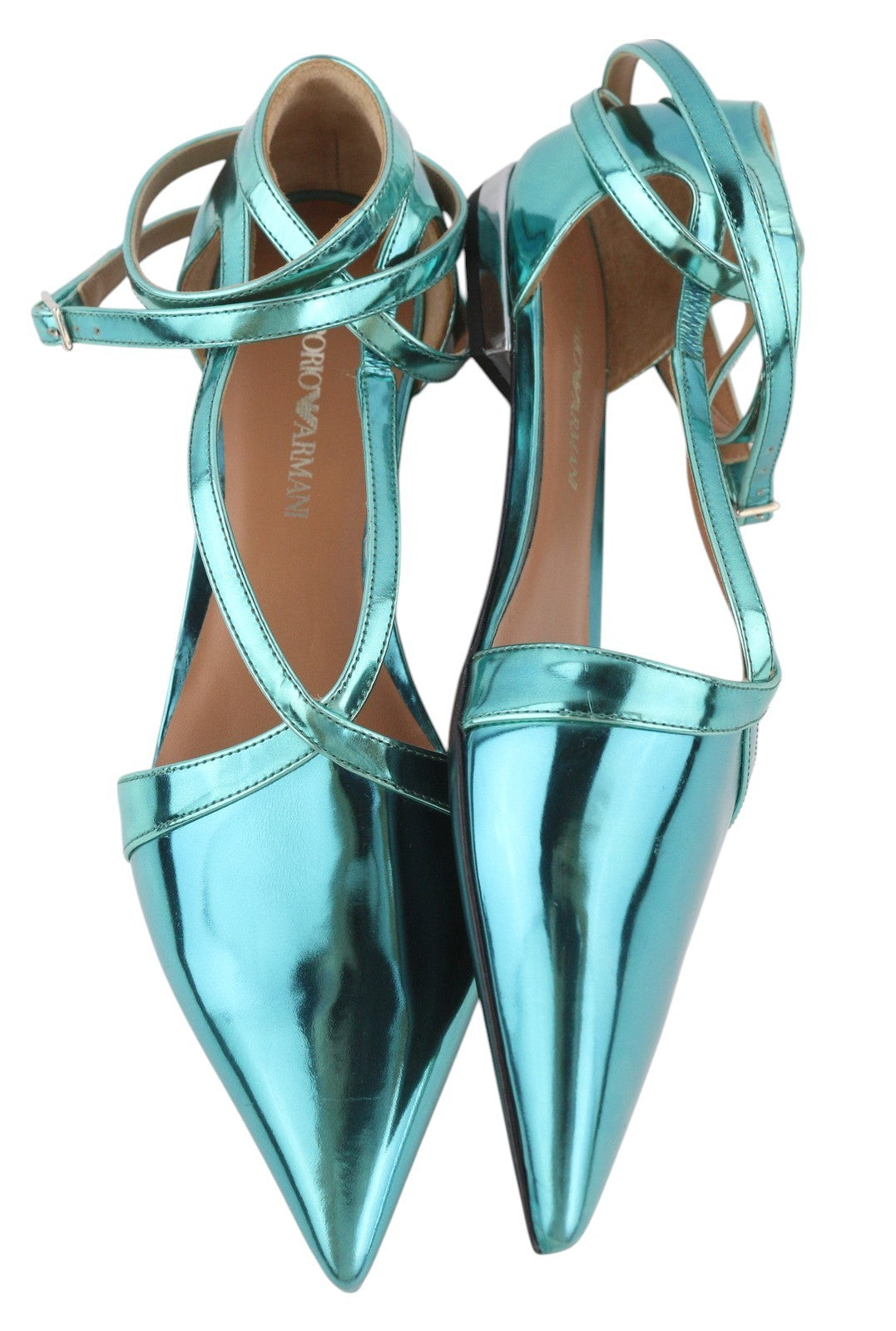 EMPORIO ARMANI Women Flats EU37 Blue Shiny Leather Pointed Toe Strappy Sandals