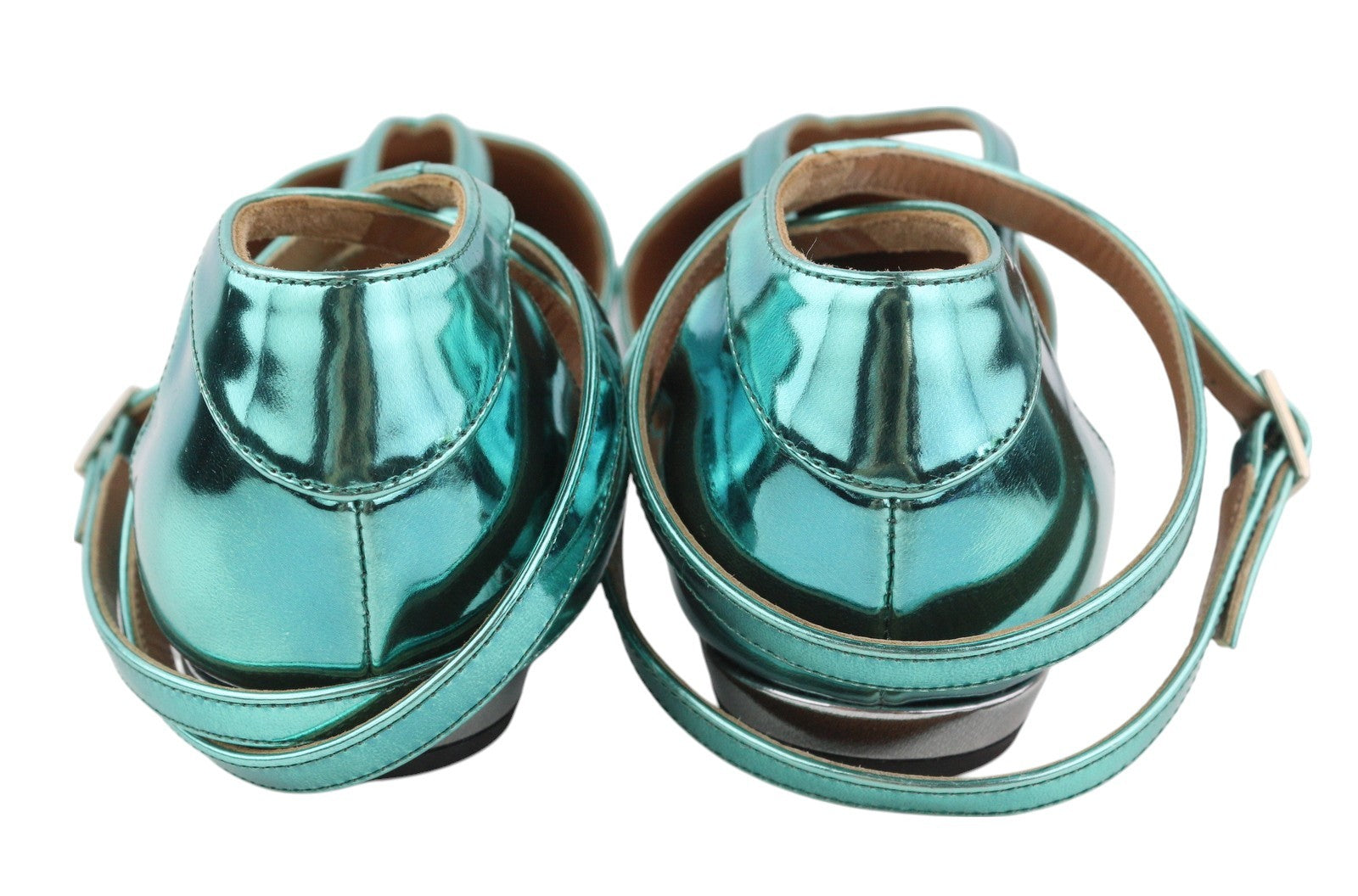 EMPORIO ARMANI Women Flats EU37 Blue Shiny Leather Pointed Toe Strappy Sandals