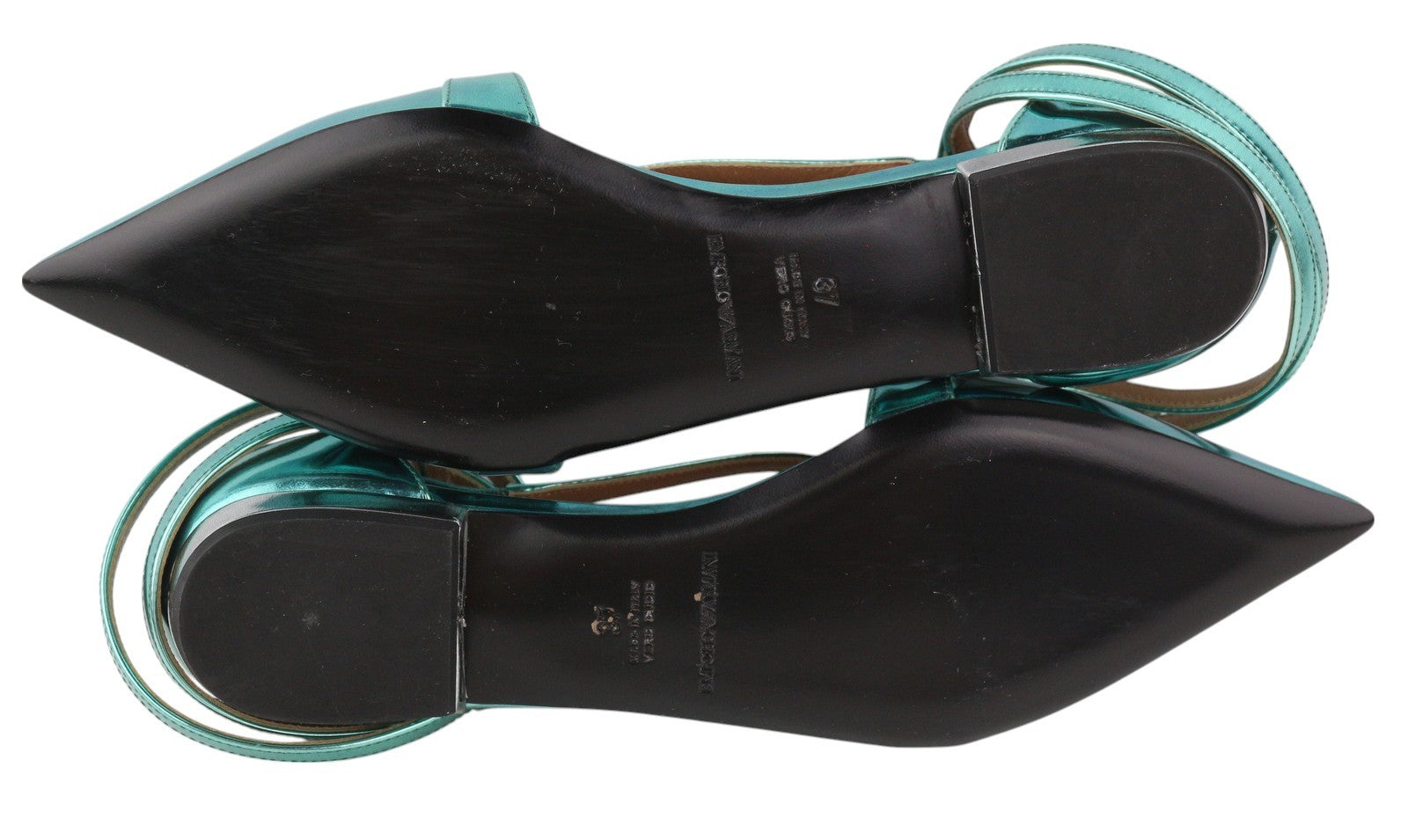 EMPORIO ARMANI Women Flats EU37 Blue Shiny Leather Pointed Toe Strappy Sandals