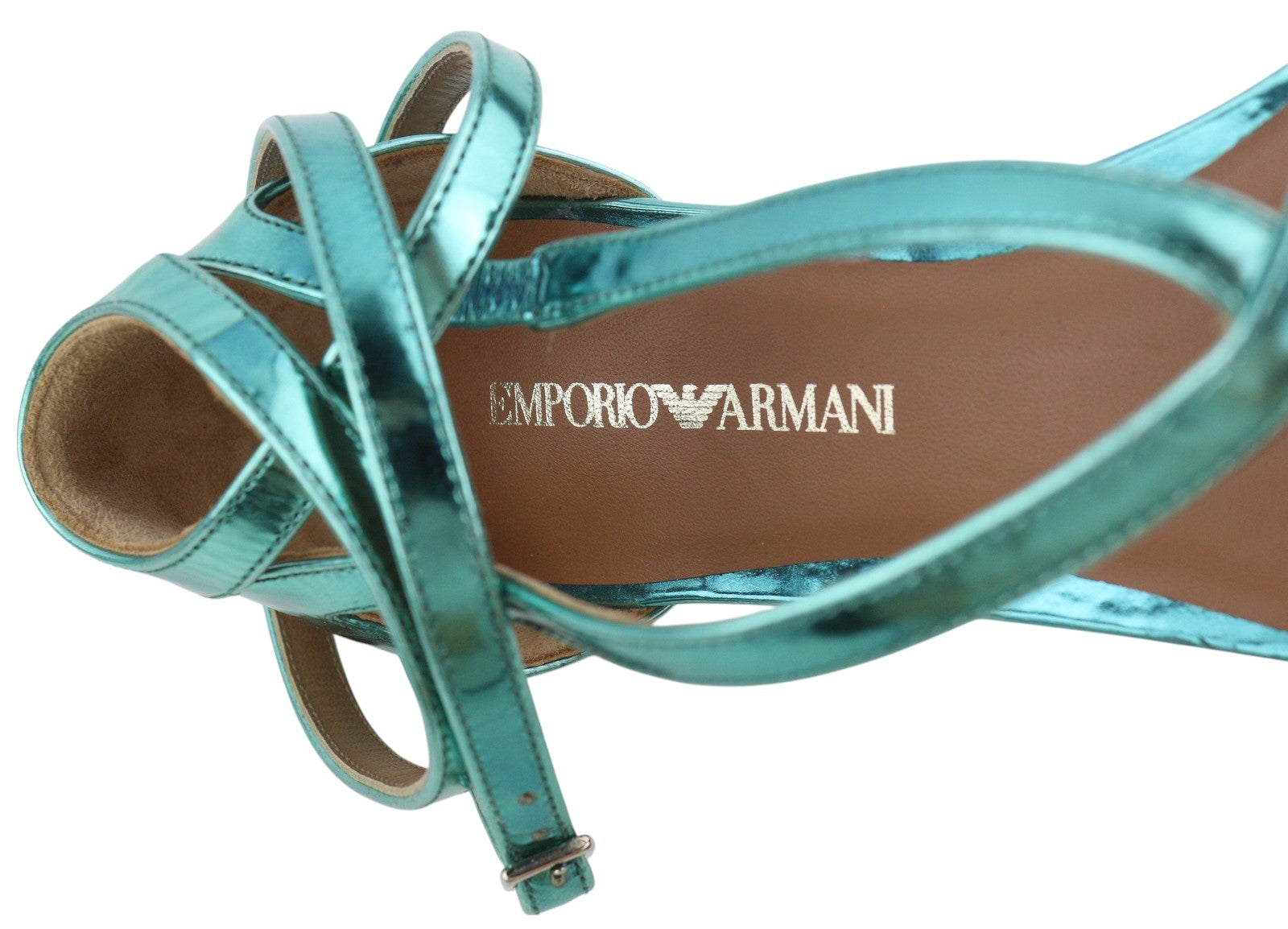 EMPORIO ARMANI Women Flats EU37 Blue Shiny Leather Pointed Toe Strappy Sandals