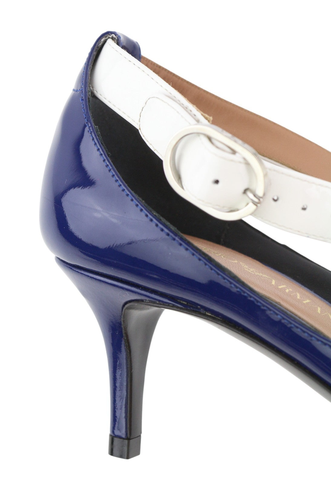 EMPORIO ARMANI Women Heels EU37 Blue Shiny Leather Pointed Toe Buckle Casual