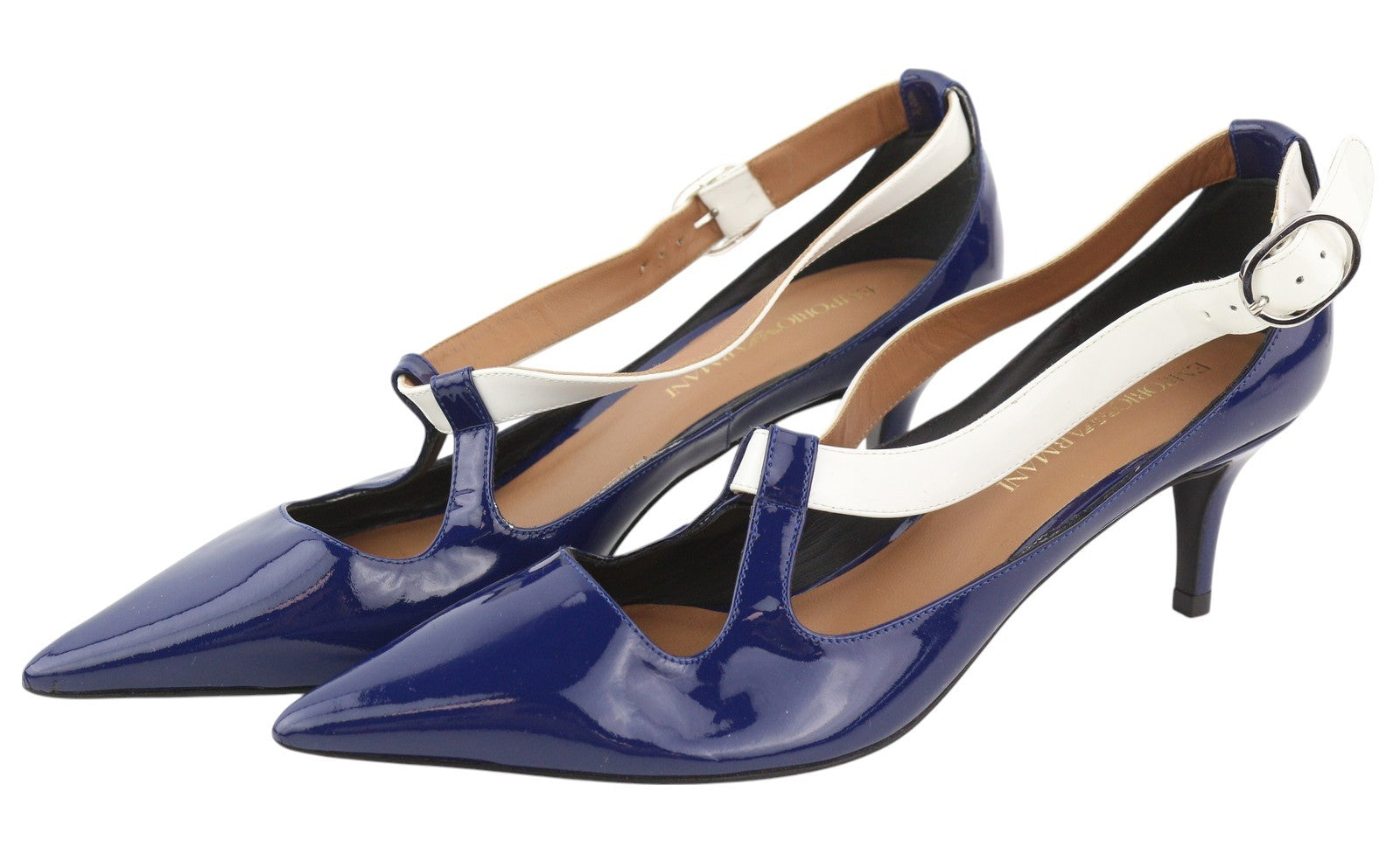 EMPORIO ARMANI Women Heels EU37 Blue Shiny Leather Pointed Toe Buckle Casual