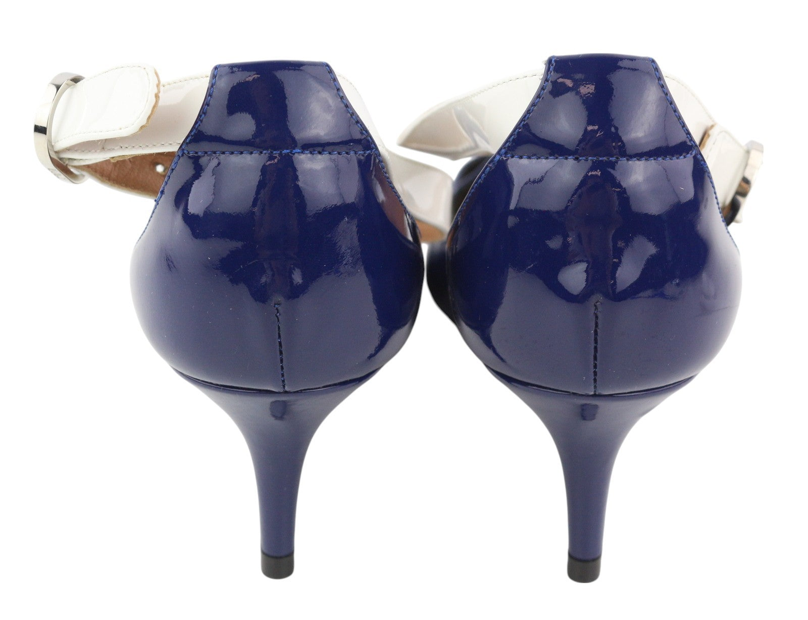 EMPORIO ARMANI Women Heels EU37 Blue Shiny Leather Pointed Toe Buckle Casual