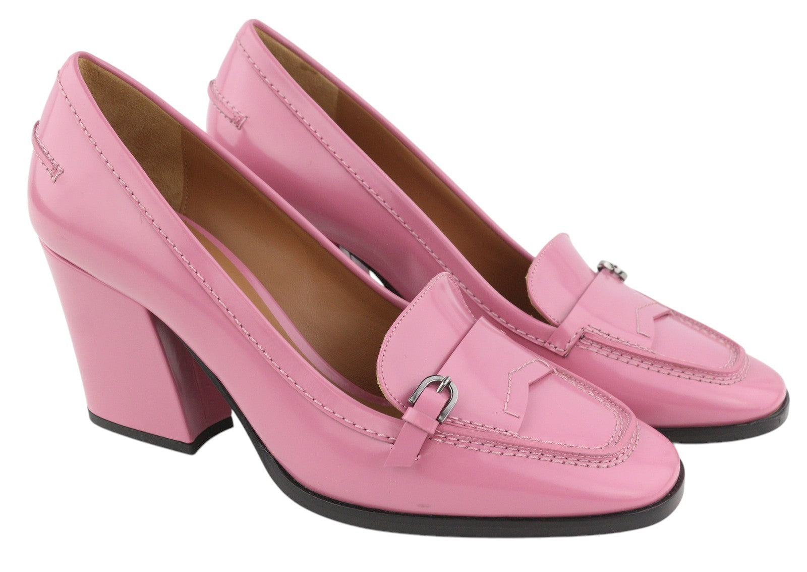 EMPORIO ARMANI Women Heels EU37 Pink Leather Square Toe Slip On Logo Casual