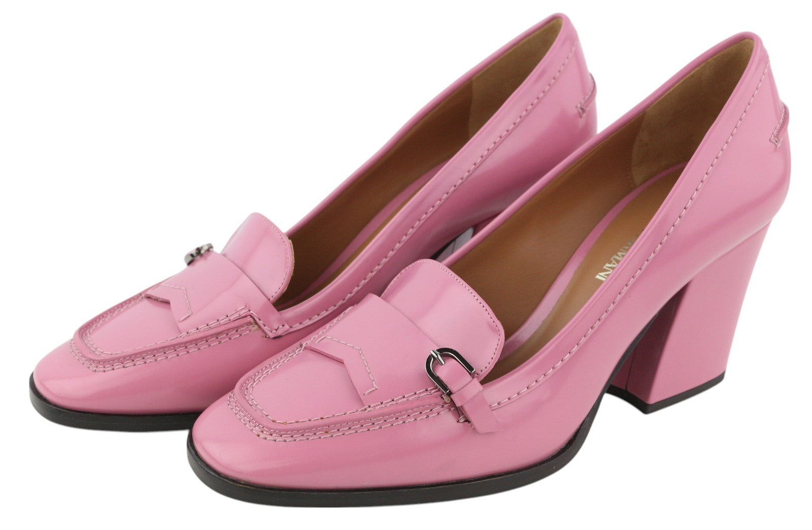 EMPORIO ARMANI Women Heels EU37 Pink Leather Square Toe Slip On Logo Casual
