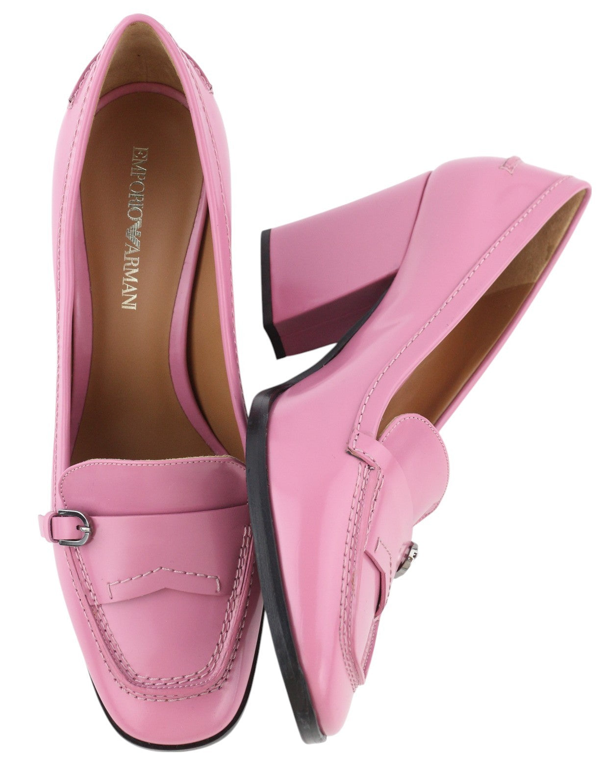 EMPORIO ARMANI Women Heels EU37 Pink Leather Square Toe Slip On Logo Casual