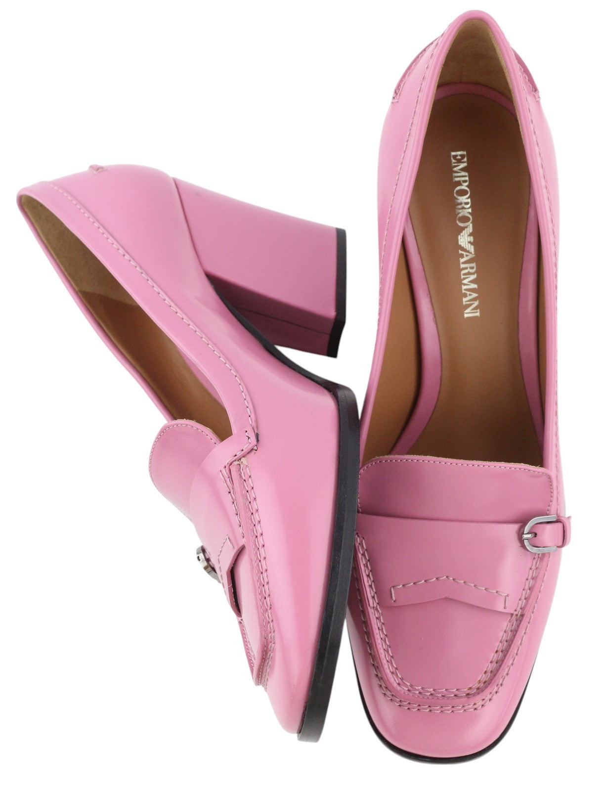 EMPORIO ARMANI Women Heels EU37 Pink Leather Square Toe Slip On Logo Casual
