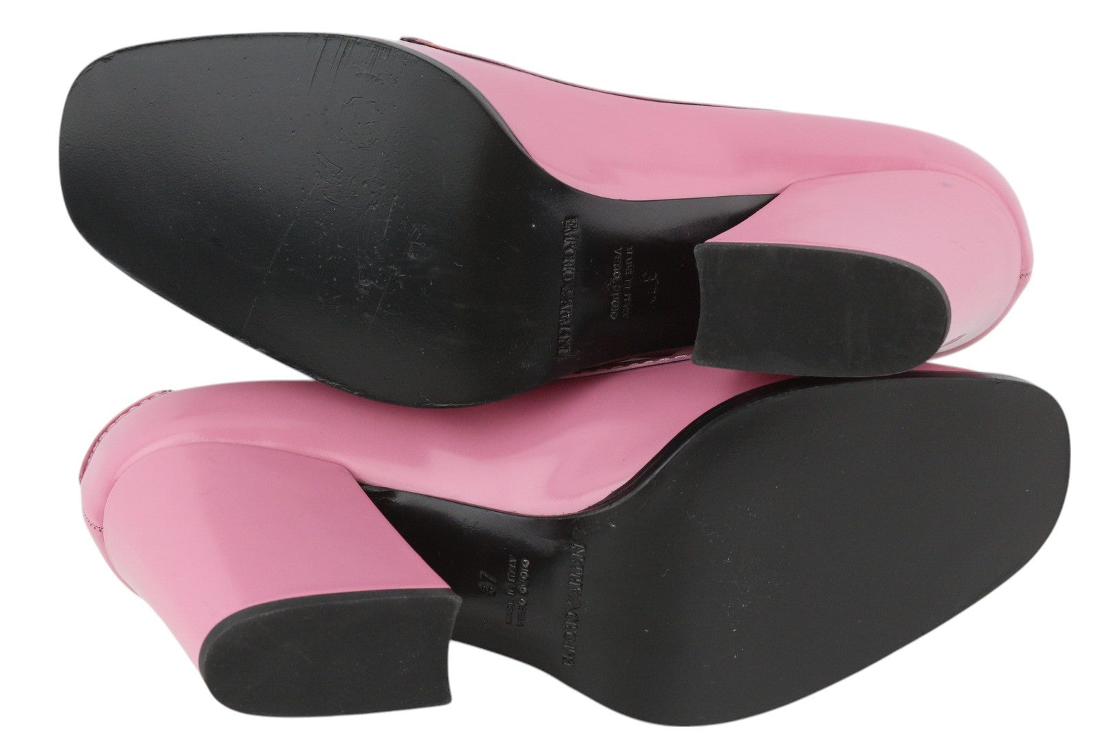 EMPORIO ARMANI Women Heels EU37 Pink Leather Square Toe Slip On Logo Casual