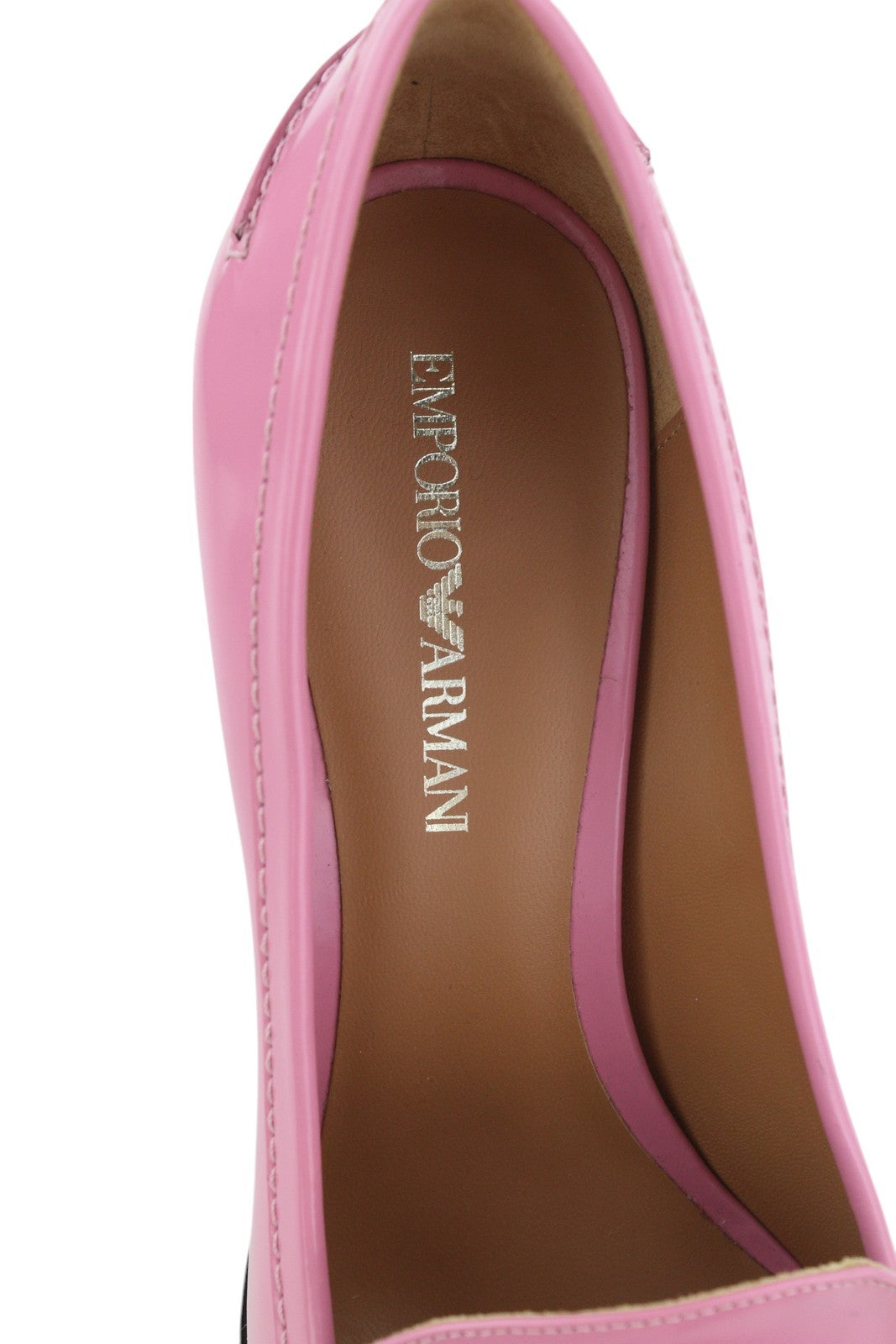 EMPORIO ARMANI Women Heels EU37 Pink Leather Square Toe Slip On Logo Casual