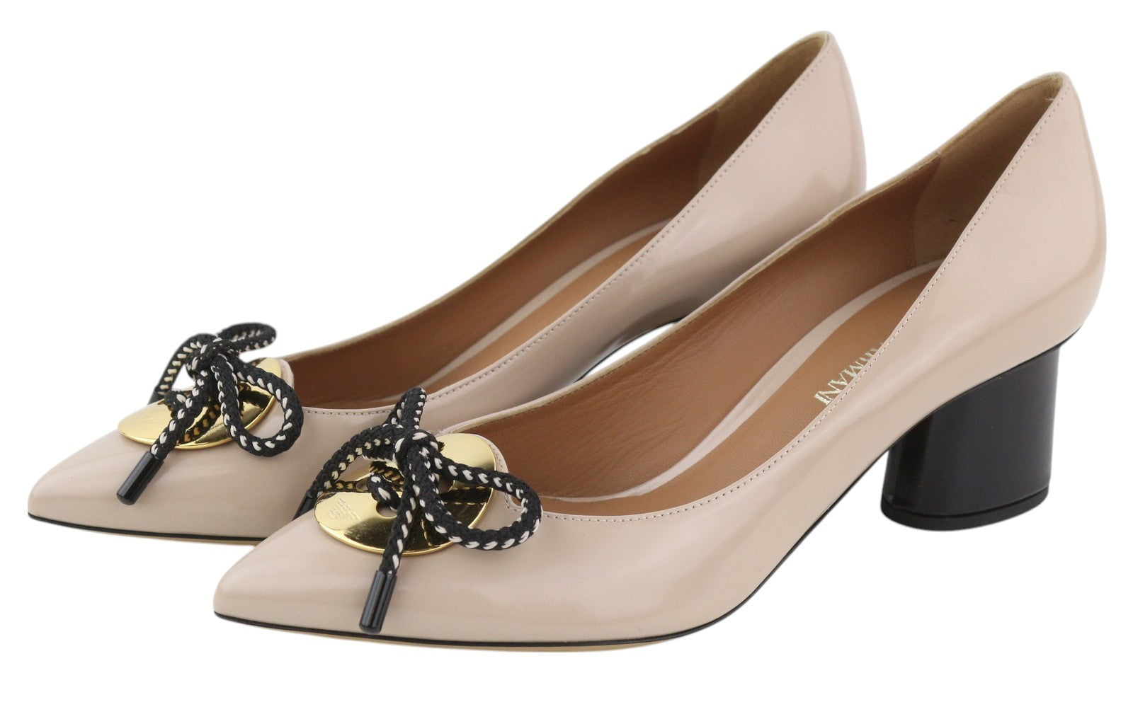 EMPORIO ARMANI X3E345 Women Heels EU37 Beige Patent Leather Gold Tone Details