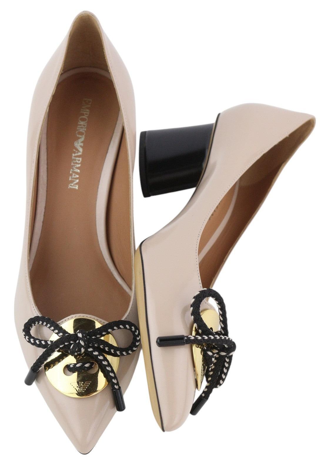 EMPORIO ARMANI X3E345 Women Heels EU37 Beige Patent Leather Gold Tone Details