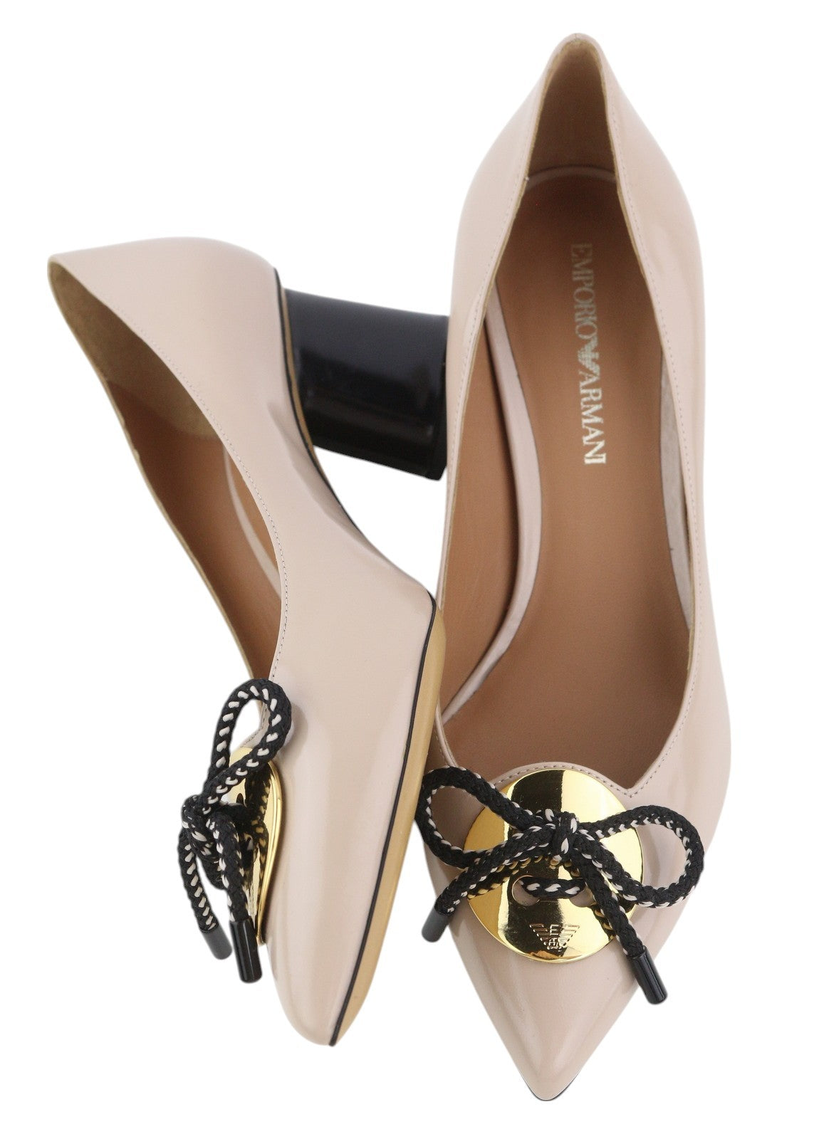 EMPORIO ARMANI X3E345 Women Heels EU37 Beige Patent Leather Gold Tone Details