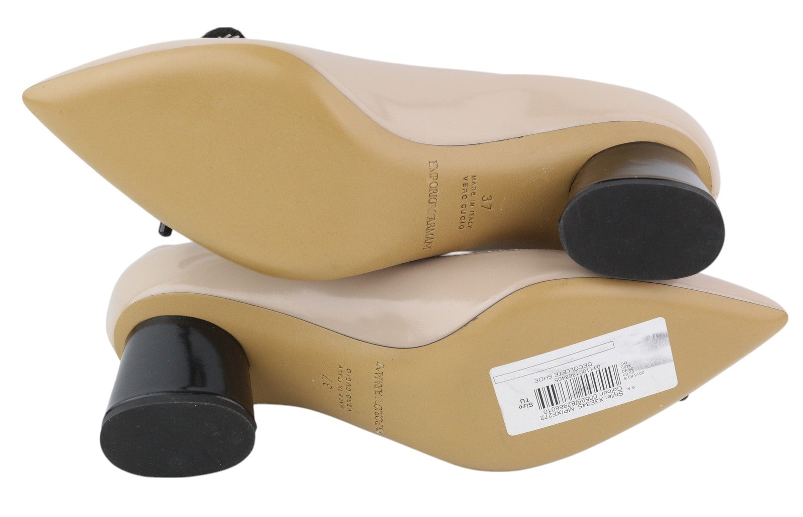 EMPORIO ARMANI X3E345 Women Heels EU37 Beige Patent Leather Gold Tone Details