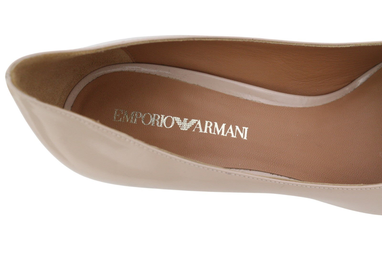 EMPORIO ARMANI X3E345 Women Heels EU37 Beige Patent Leather Gold Tone Details