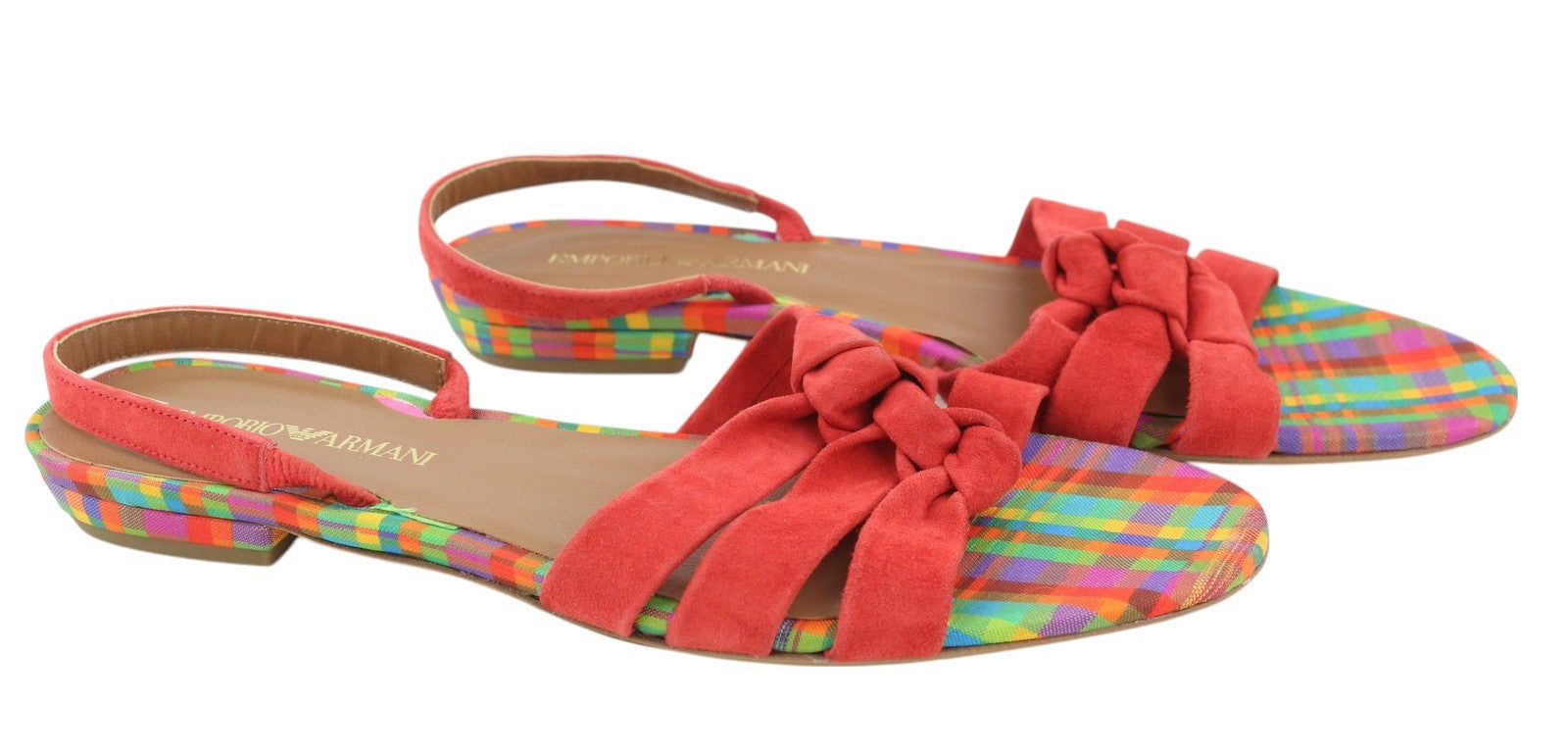 EMPORIO ARMANI X3P657 Women Sandals EU37 Red Suede Leather Open Toe Logo Flats