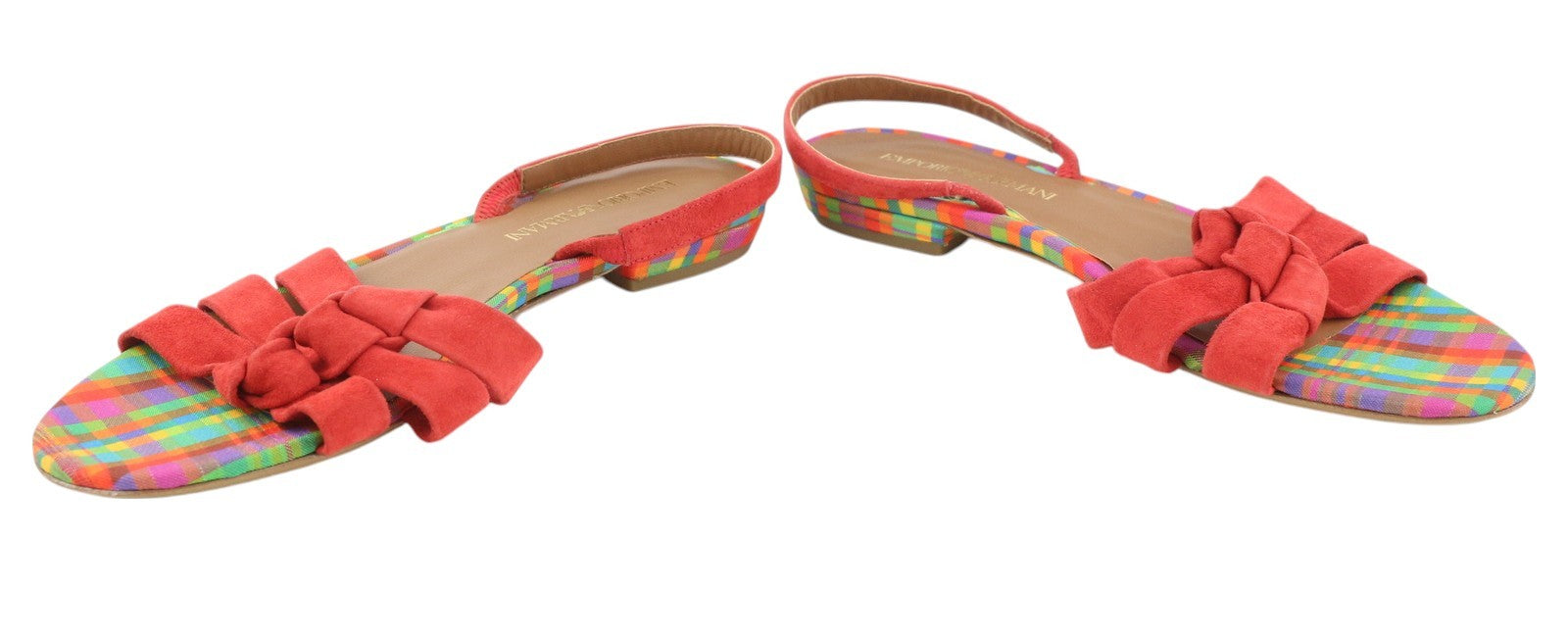 EMPORIO ARMANI X3P657 Women Sandals EU37 Red Suede Leather Open Toe Logo Flats