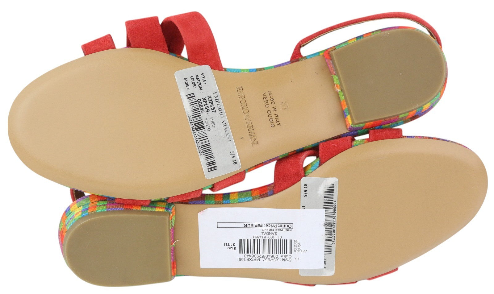 EMPORIO ARMANI X3P657 Women Sandals EU37 Red Suede Leather Open Toe Logo Flats