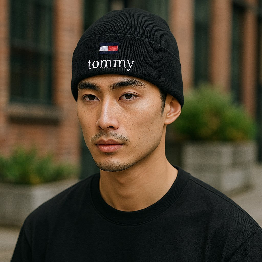 TOMMY HILFIGER Beanie Men Hat OS Black Tight-Knit Embroidered Logo Casual RRP€79