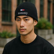TOMMY HILFIGER Beanie Men Hat OS Black Tight-Knit Embroidered Logo Casual RRP€79