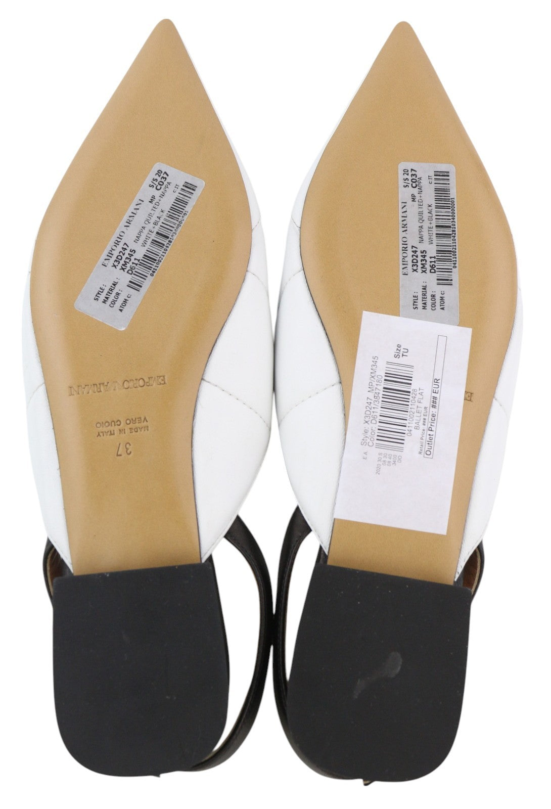 EMPORIO ARMANI X3D247 Women Flats EU37 White Leather Pointed Toe Logo Ballerina