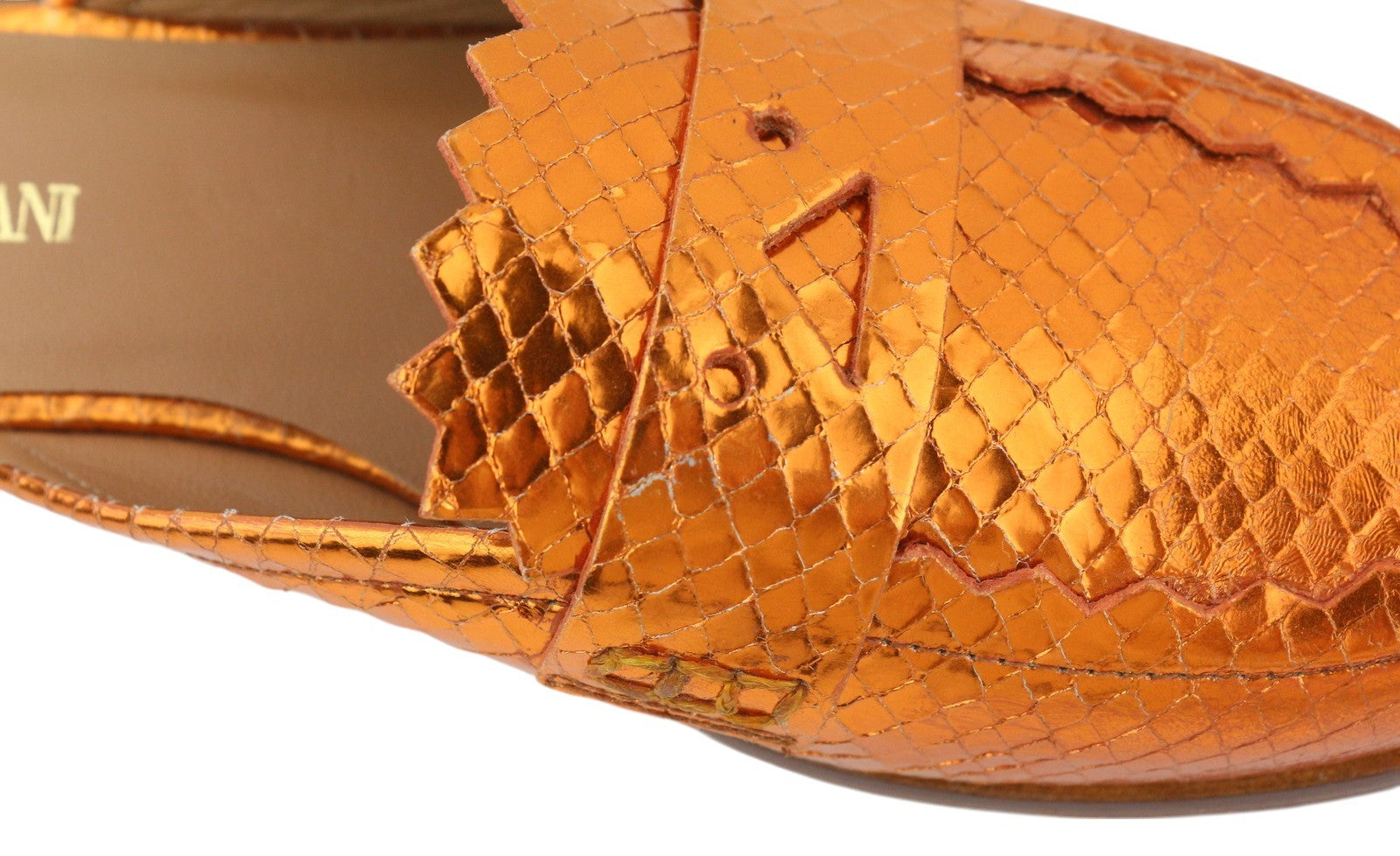 EMPORIO ARMANI X3A068 Women Flats EU37 Shiny Orange Leather Slip On Mule Sandals