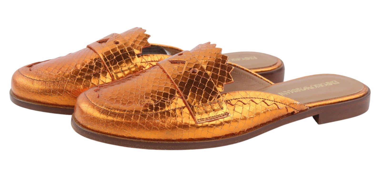 EMPORIO ARMANI X3A068 Women Flats EU37 Shiny Orange Leather Slip On Mule Sandals