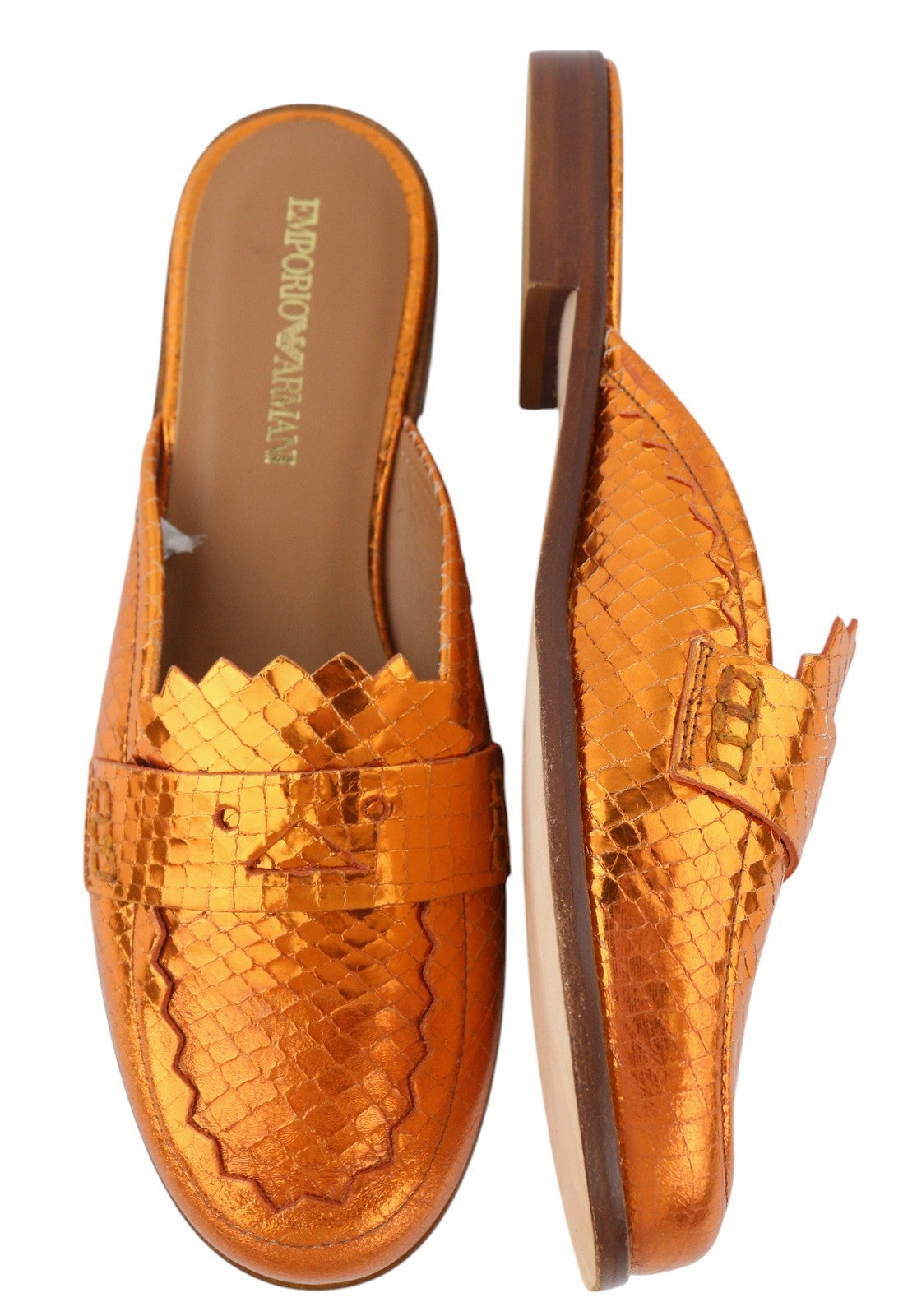 EMPORIO ARMANI X3A068 Women Flats EU37 Shiny Orange Leather Slip On Mule Sandals