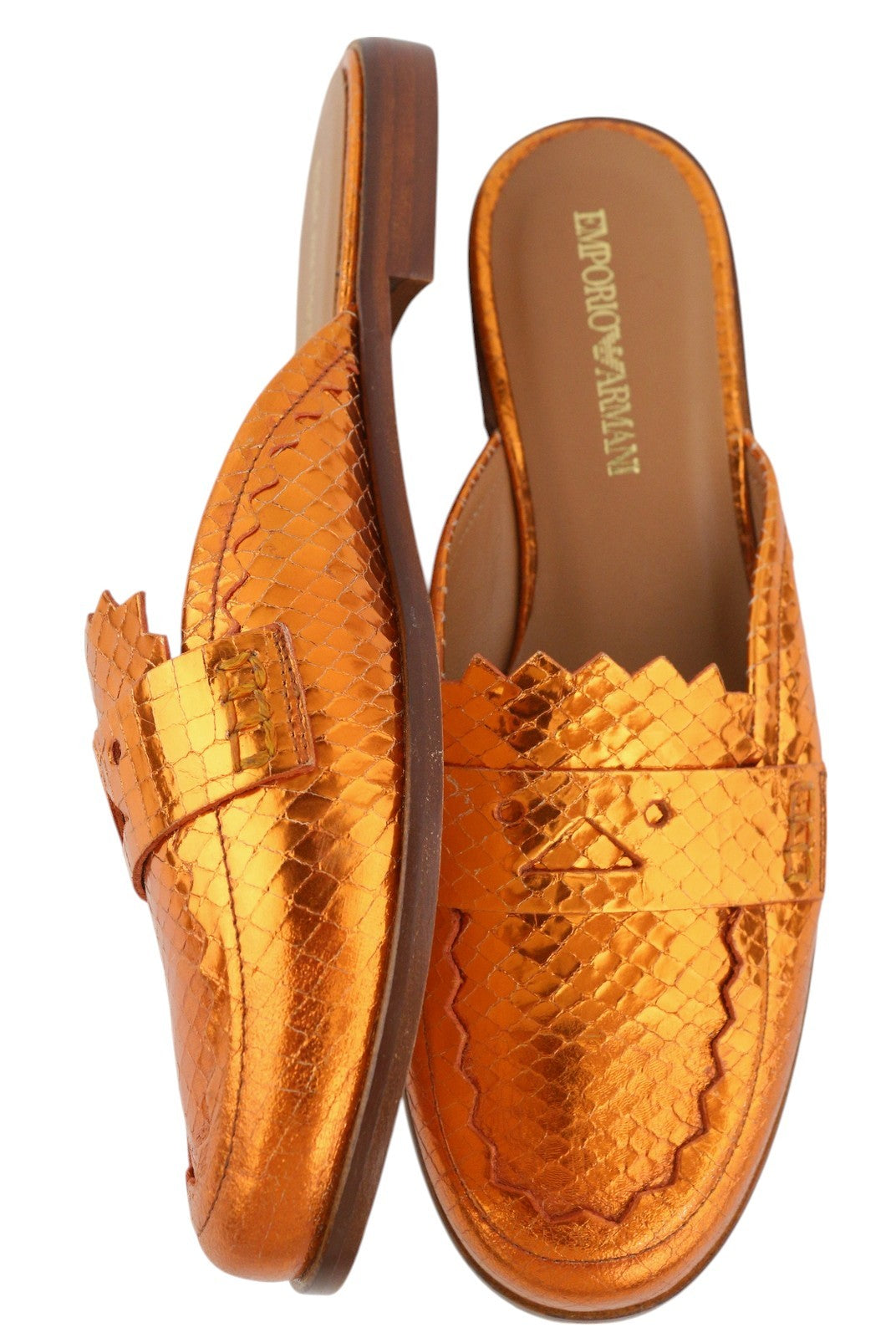 EMPORIO ARMANI X3A068 Women Flats EU37 Shiny Orange Leather Slip On Mule Sandals