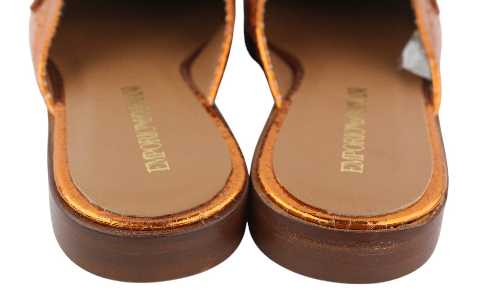 EMPORIO ARMANI X3A068 Women Flats EU37 Shiny Orange Leather Slip On Mule Sandals