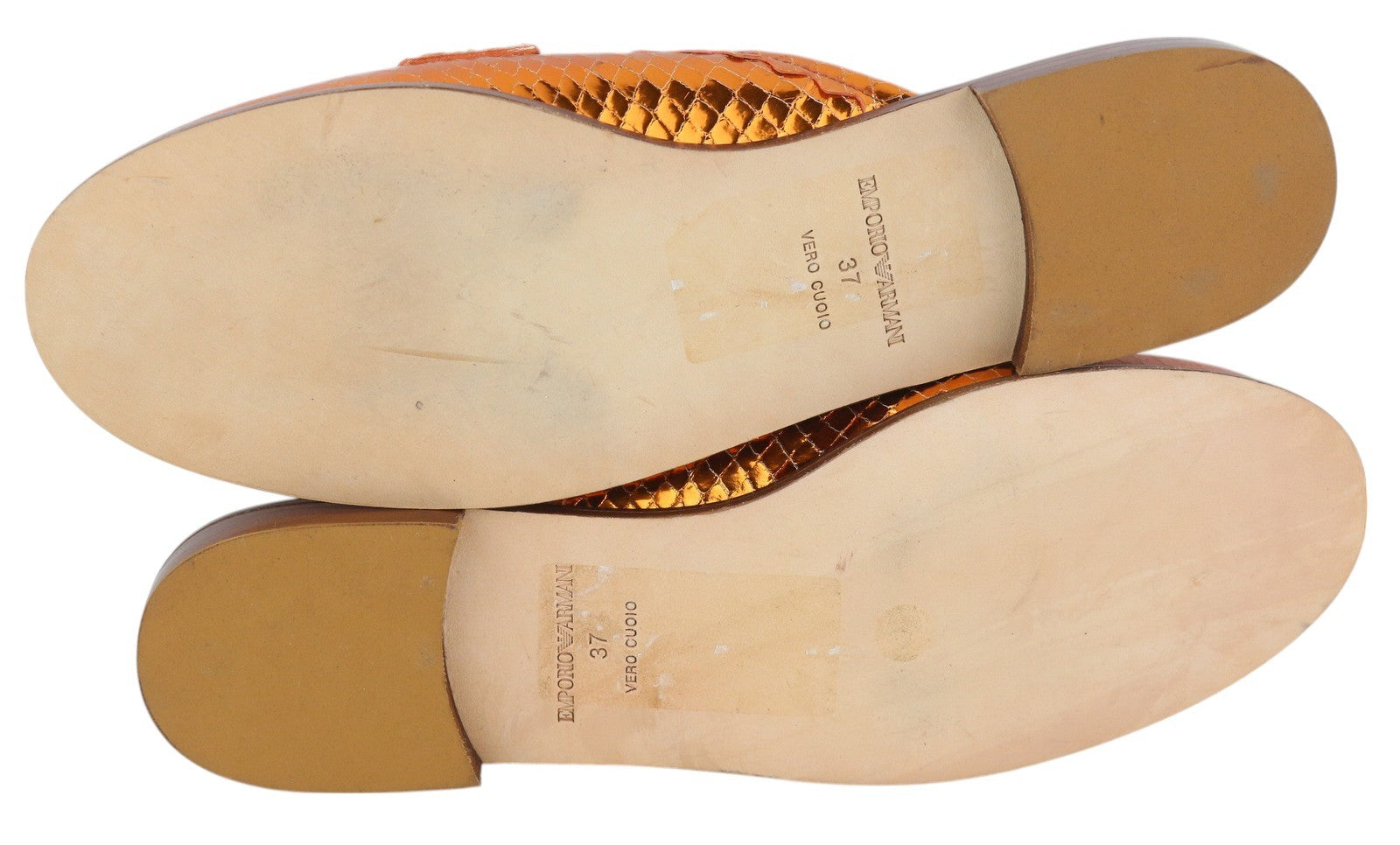 EMPORIO ARMANI X3A068 Women Flats EU37 Shiny Orange Leather Slip On Mule Sandals