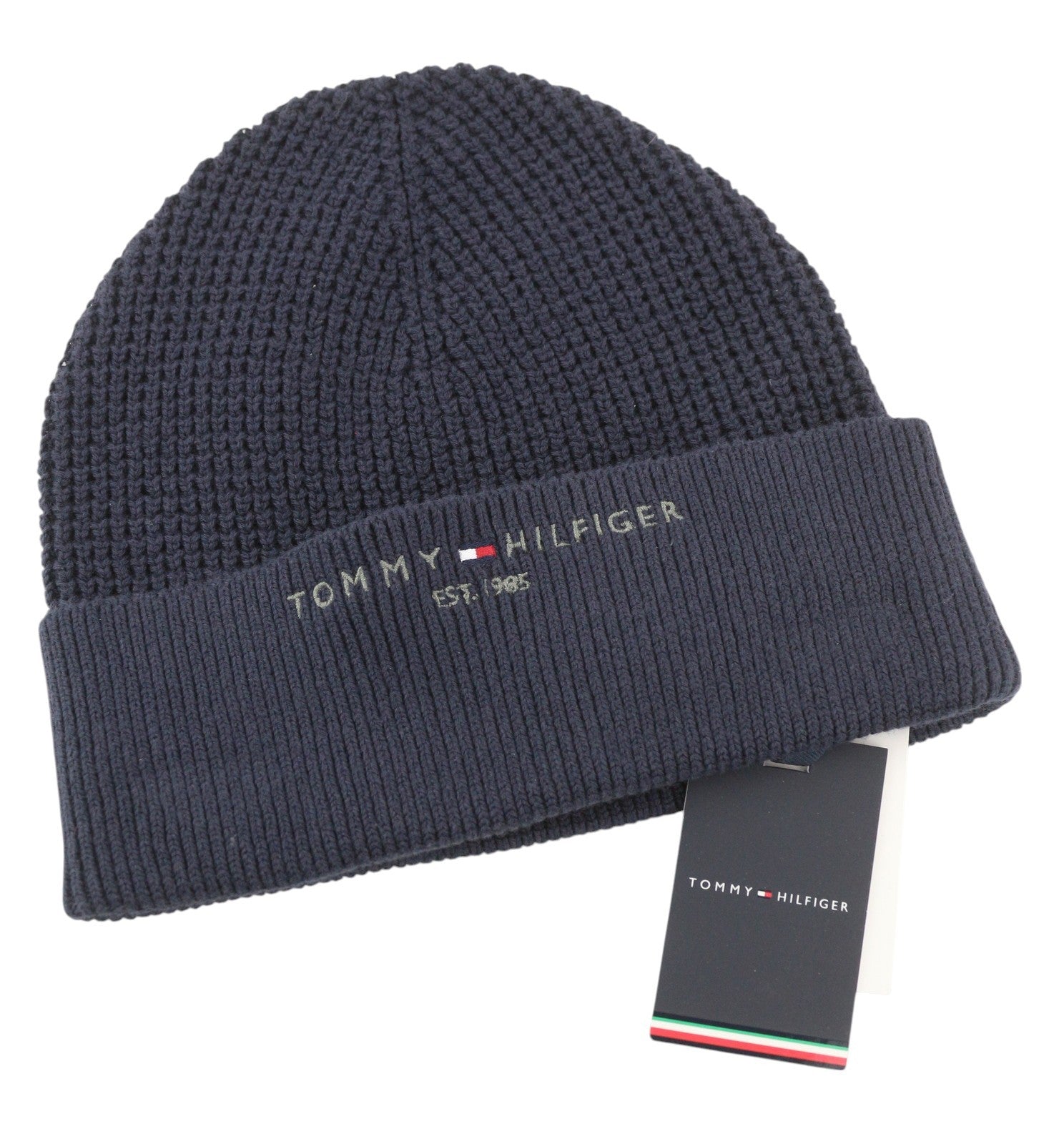 TOMMY HILFIGER TH Horizon Beanie Men Hat OS Dark Blue Cotton Knit Embroidered