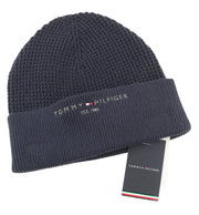 TOMMY HILFIGER TH Horizon Beanie Men Hat OS Dark Blue Cotton Knit Embroidered