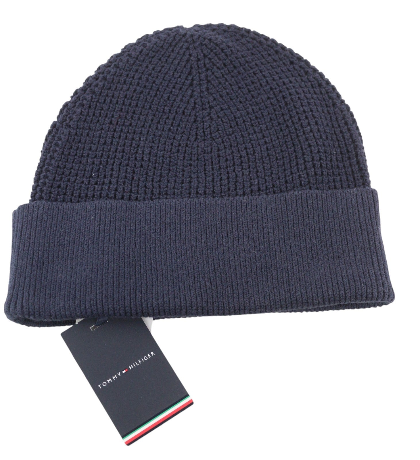 TOMMY HILFIGER TH Horizon Beanie Men Hat OS Dark Blue Cotton Knit Embroidered