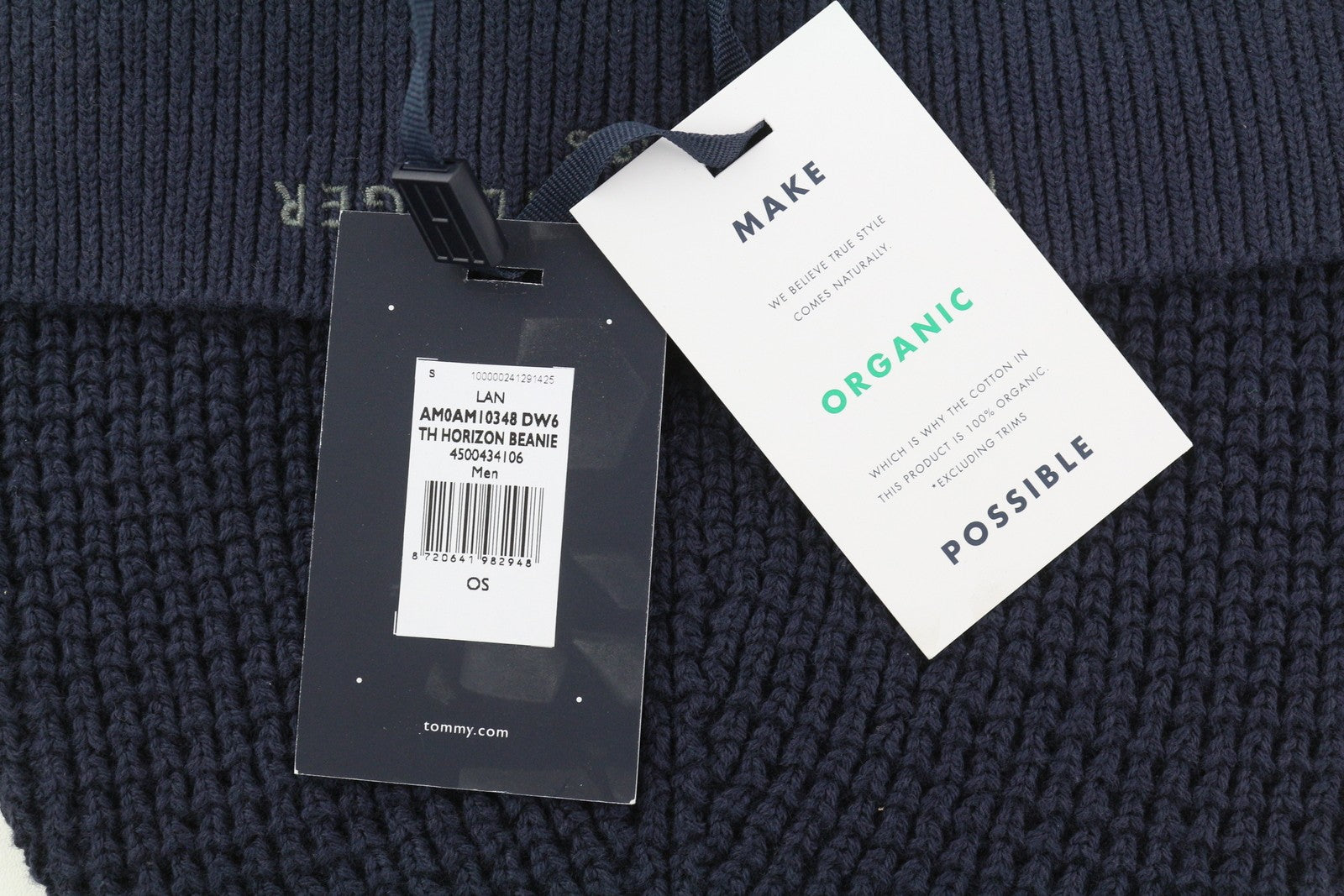 TOMMY HILFIGER TH Horizon Beanie Men Hat OS Dark Blue Cotton Knit Embroidered
