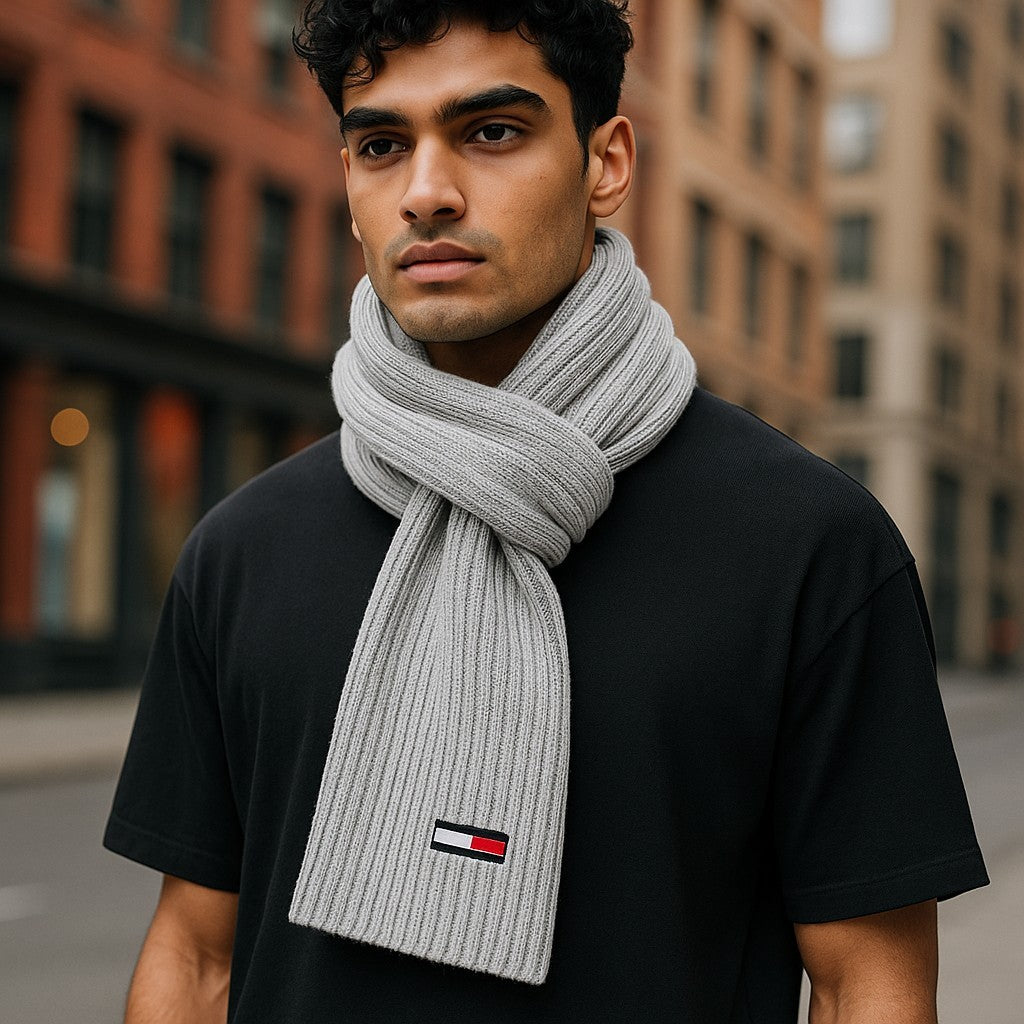 TOMMY HILFIGER Flag Men Scarf OS Melange Grey Tight-Knit Embroidered Logo Unisex
