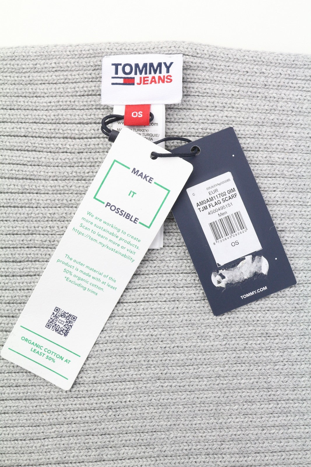 TOMMY HILFIGER Flag Men Scarf OS Melange Grey Tight-Knit Embroidered Logo Unisex