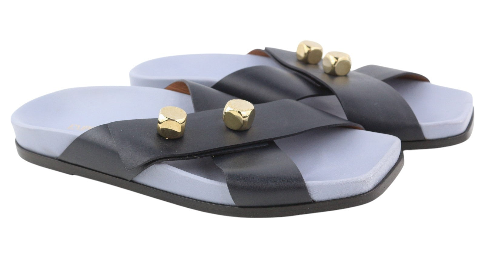 EMPORIO ARMANI Women Flats EU37 Leather Black Dog Tone Details Slip On Square