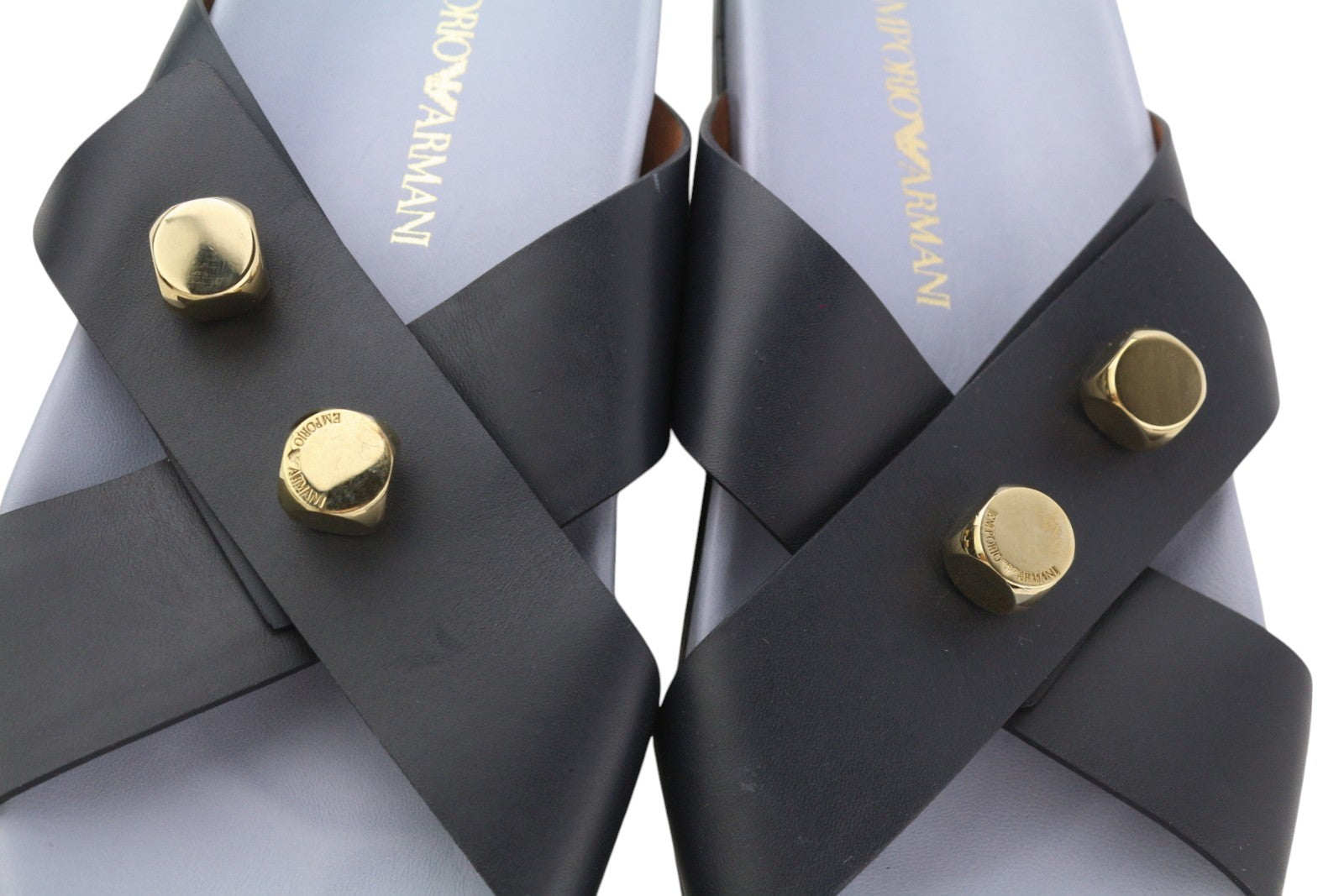 EMPORIO ARMANI Women Flats EU37 Leather Black Dog Tone Details Slip On Square