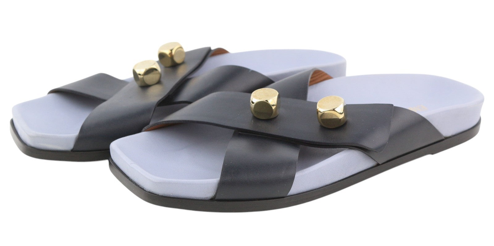 EMPORIO ARMANI Women Flats EU37 Leather Black Dog Tone Details Slip On Square