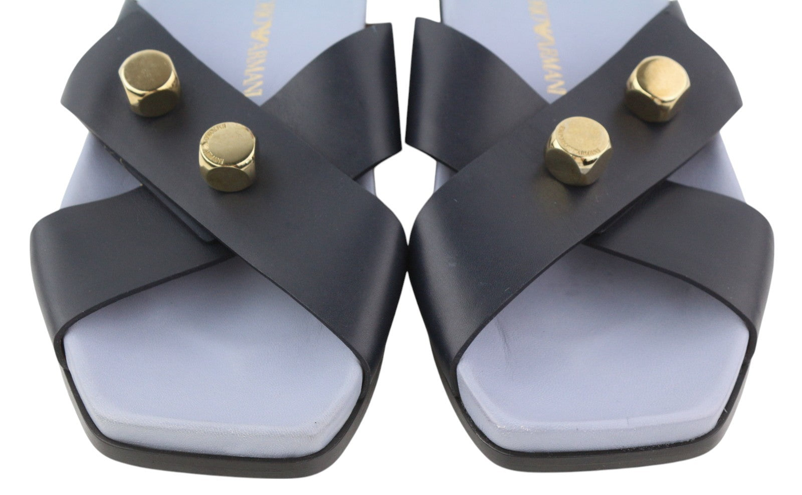 EMPORIO ARMANI Women Flats EU37 Leather Black Dog Tone Details Slip On Square