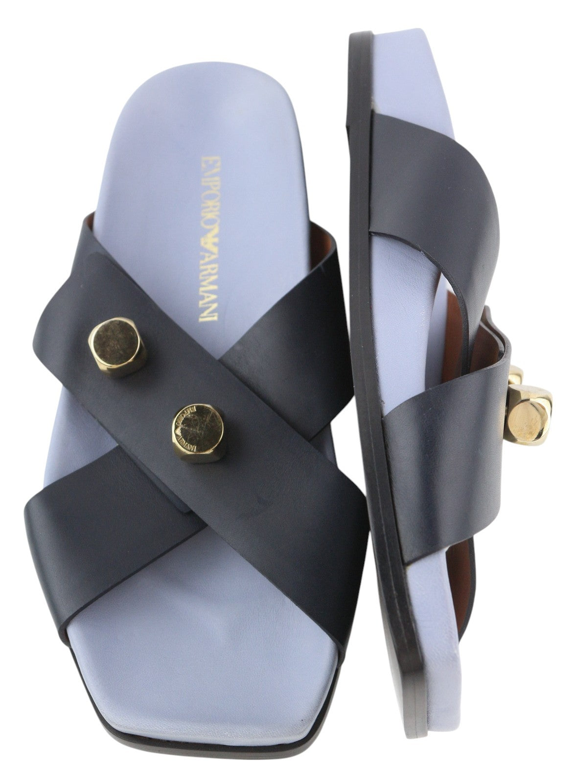 EMPORIO ARMANI Women Flats EU37 Leather Black Dog Tone Details Slip On Square