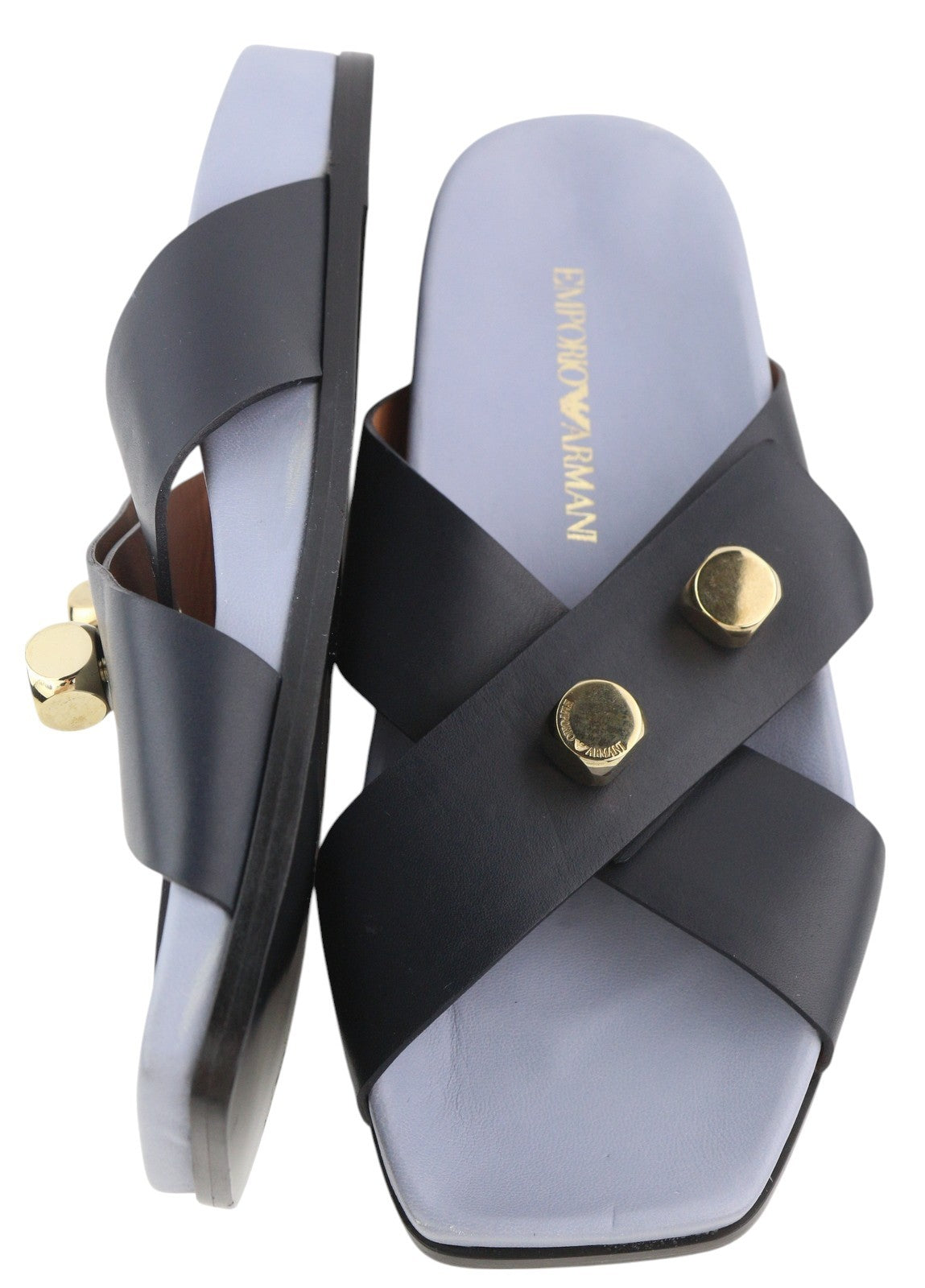 EMPORIO ARMANI Women Flats EU37 Leather Black Dog Tone Details Slip On Square