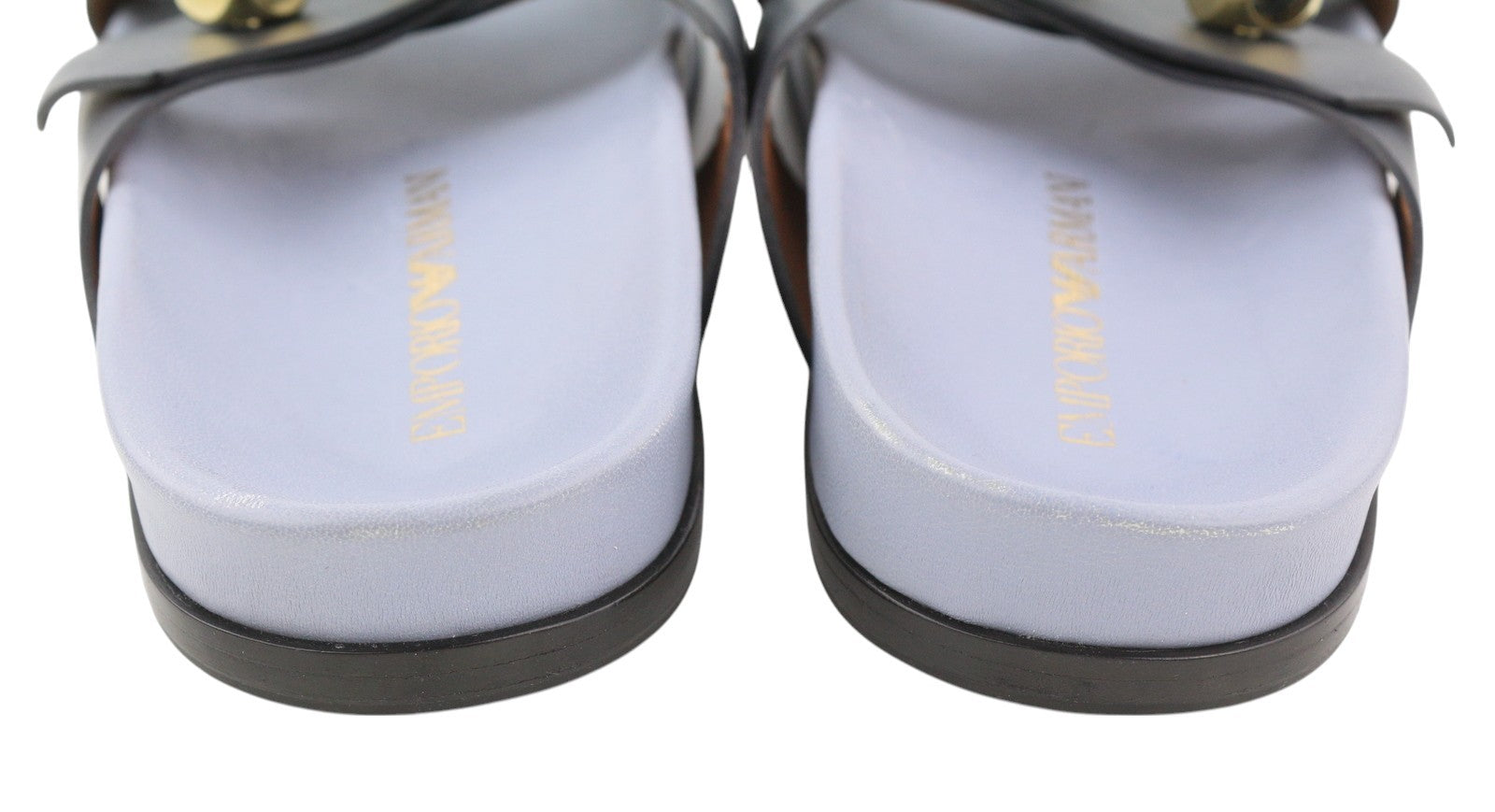 EMPORIO ARMANI Women Flats EU37 Leather Black Dog Tone Details Slip On Square